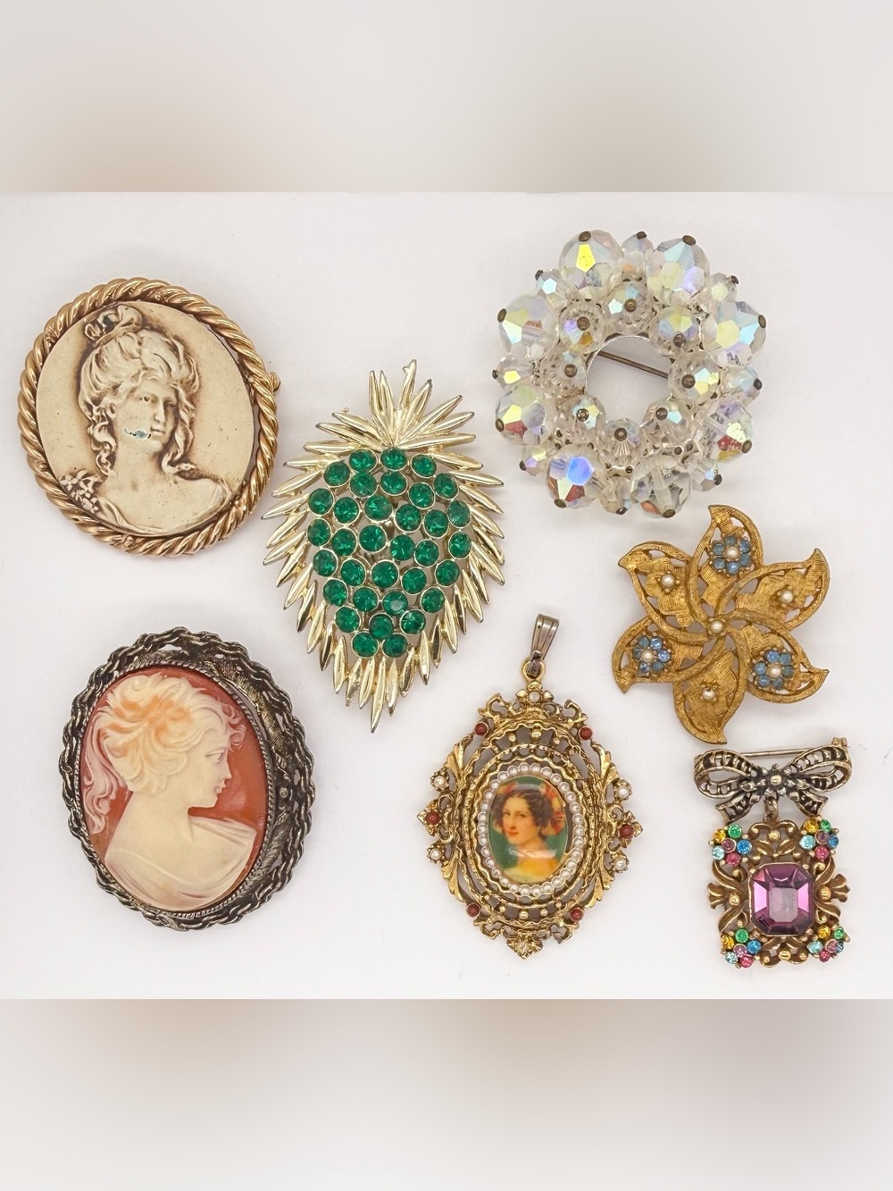 Vintage Estate Gold Tone Pendant Brooch Pin lot Rhinestone Crystal Cameo